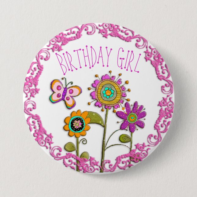 Folksy Whimsical Blommigt Birthday Girl Button Knapp (Framsida)