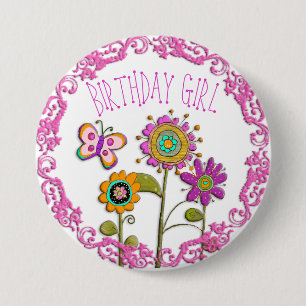 Folksy Whimsical Blommigt Birthday Girl Button Knapp