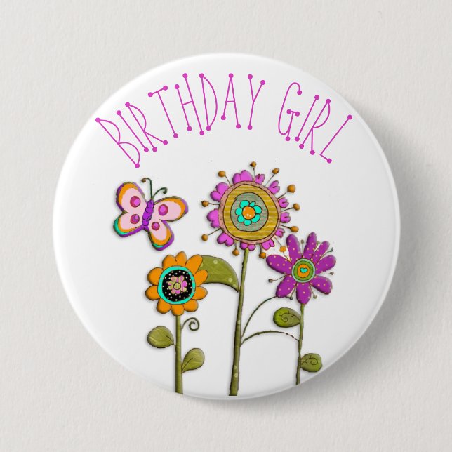 Folksy Whimsical Blommigt Birthday Girl Button Knapp (Framsida)