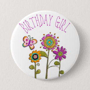 Folksy Whimsical Blommigt Birthday Girl Button Knapp