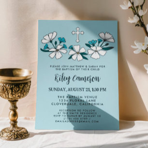 Folksy White Blåa blommor Boy Baptism Inbjudningar