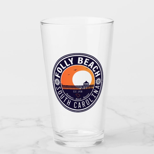 Folly Beach SC Souvenirs Retro Sunset Pier 60 s Glaskopp (Framsida)