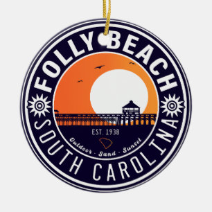 Folly Beach SC Souvenirs Retro Sunset Pier 60 s Julgransprydnad Keramik