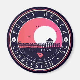 Folly Beach SC Souvenirs Retro Sunset Pier 60 s Magnet