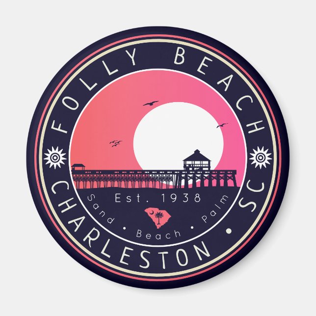 Folly Beach SC Souvenirs Retro Sunset Pier 60 s Magnet (Framsidan)