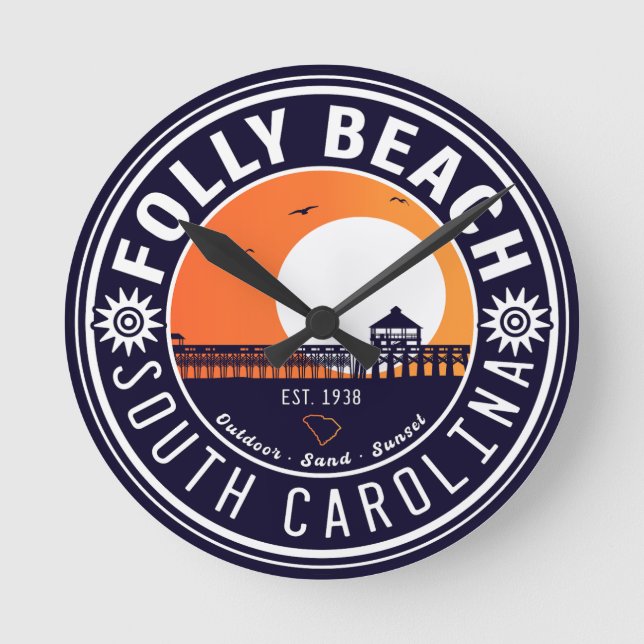 Folly Beach SC Souvenirs Retro Sunset Pier 60 s Rund Klocka (Framsida)