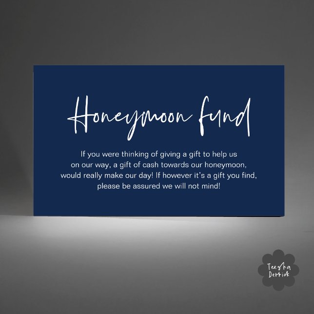 Fonden för honeymånen i bröllop, bröllopsgåvor i P Tilläggskort (Wedding Honeymoon Fund, Cash Wish Modern Handwritten Script Enclosure Card Navy Blue)