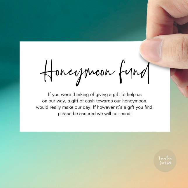 Fonden för honeymånen i bröllop, bröllopsgåvor i P Tilläggskort (Wedding Honeymoon Fund, Cash Wish Modern Handwritten Script Enclosure Card White Black)