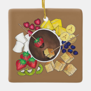 Fondue Fruit Cake Berries Marshmallow Dessert Food Julgransprydnad Keramik