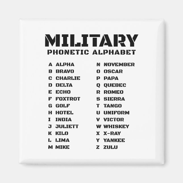 Fonetalphabet för militären magnet (Framsidan)