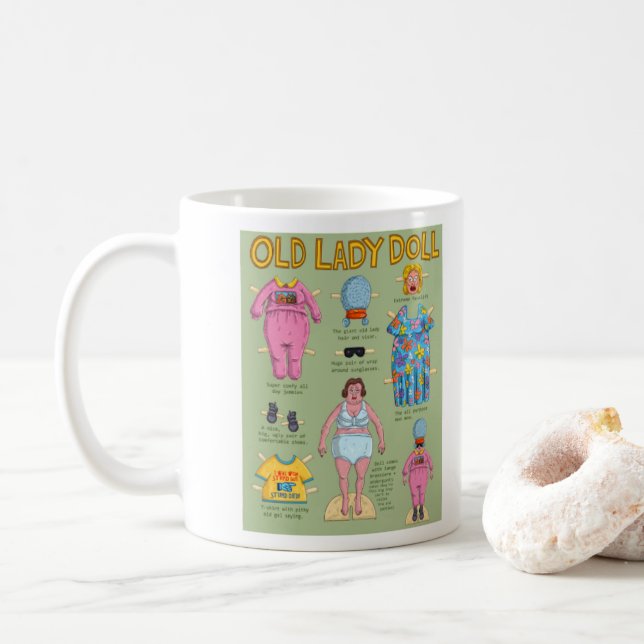FONNY över den gamla Pappra Dam-dockan Backe Kaffemugg (Med munk)