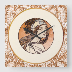Fönster av fastsatt glas av Alphonse Mucha Fyrkantig Klocka