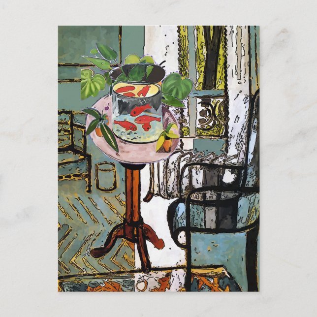 Fönster i Grönt med Guld-fisk. Vykort (Framsida)