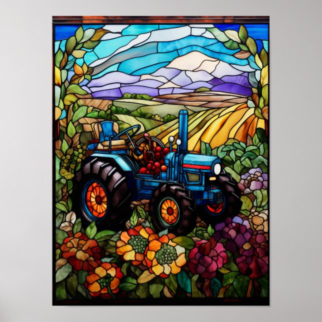 Fönster med glasmålning av blå jordbrukstraktor  poster (Framsidan)