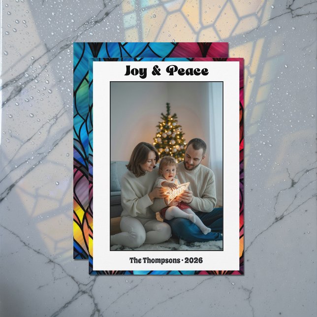 Fönster med glasmålning Glädje & Fred Julfotografi Julkort (Stained Glass Window Joy & Peace Christmas Photo Holiday Card)