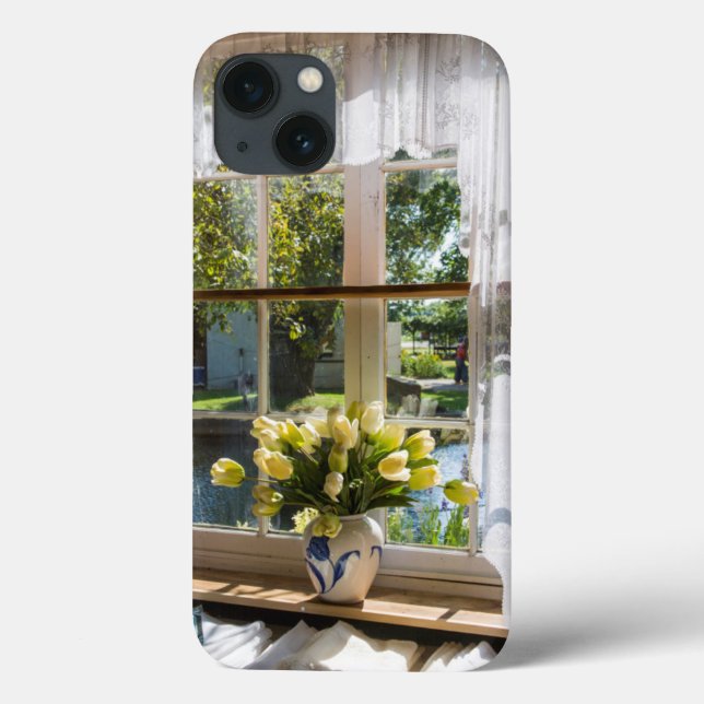 Fönster med snöre-gardiner och tulpaner (Baksida)