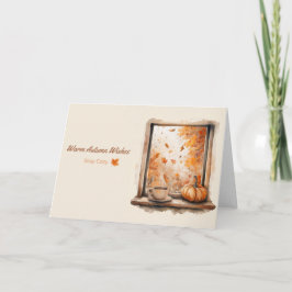 Fönster med vattenfärg-regn med Pumpkin och kaffe Kort