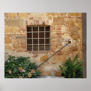 Fönster och uråldrig stenvägg, Pienza, Italien Poster