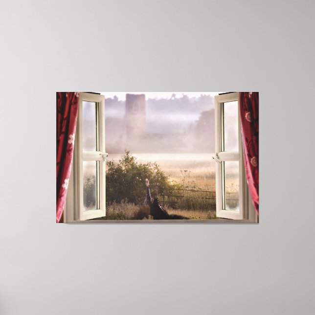 Fönster öppen mistmorgon med ladan uggla canvastryck (Framsida)