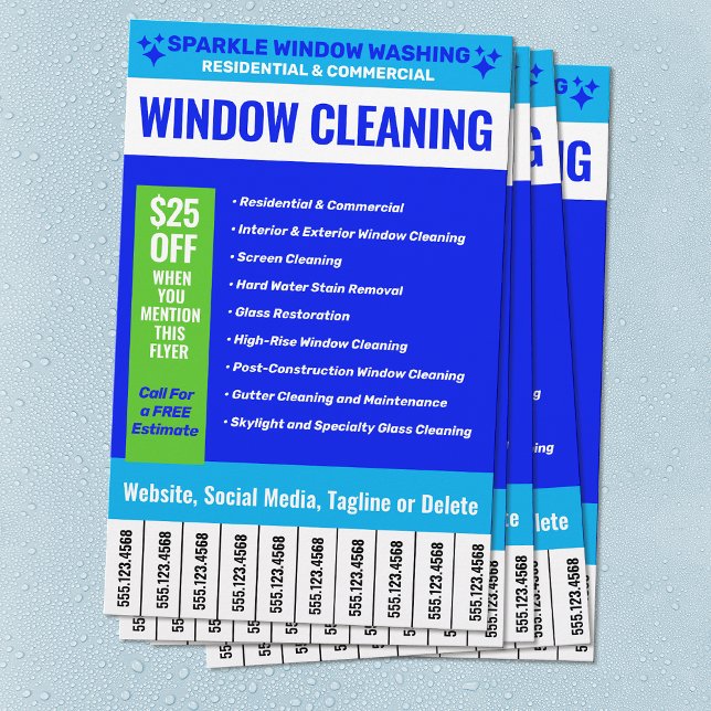 Fönster Städning Befordrad Flygblad (window cleaning flyer with service list, coupon and tear off phone numbers)