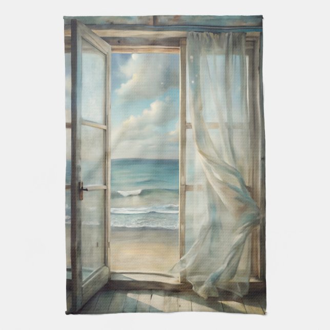 Fönster till en vattenfärg för oceanbryggning | Ku Kökshandduk (Vertikal)