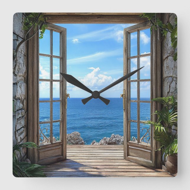 Fönsterattrapp Havsutsikt Landskapsur 🕰️🪟🌊 Fyrkantig Klocka (Framsida)
