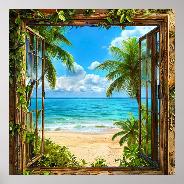 Fönsterattrapp Tropisk Strand Oceanvy Dekoration Poster (Framsidan)