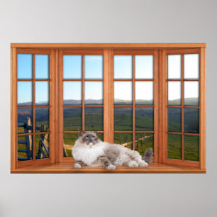 Fönsterbild i trä 4 med katt på fyllningen poster