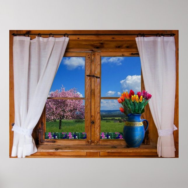 Fönstergardiner Blommor liggande natur Poster (Framsidan)
