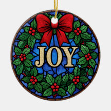 Fönsterglas-julkransmycke med texten GLÄDJE