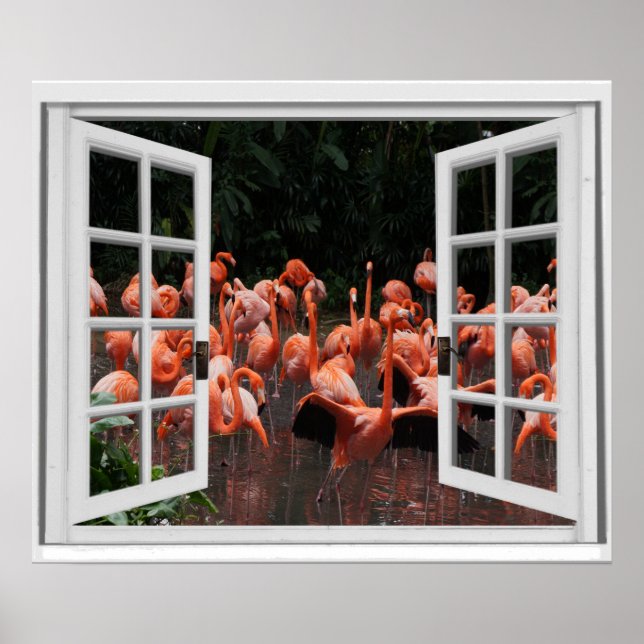 Fönsterillusion Rosa Flamingos Poster (Framsidan)