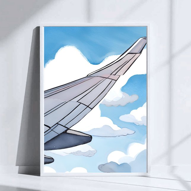 Fönsterplats | Flygplansvinge Himmel Vattenfärg Re Poster (Skapare uppladdad)