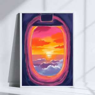 Fönsterplats Solnedgång Flygplansresa Målning Poster
