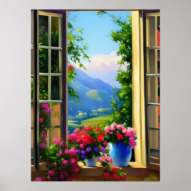 Fönsterscener Konst Berg Blommor 18x24 Affisch (Framsidan)