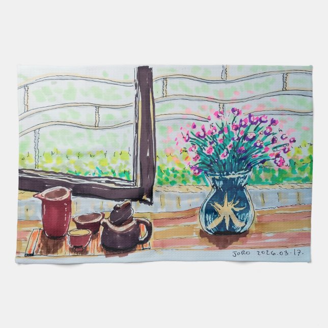 Fönsterte och blommor kökshandduk (Horisontell)