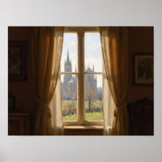 Fönsterutsikt Katedral Impressionistisk Oljemålnin Poster
