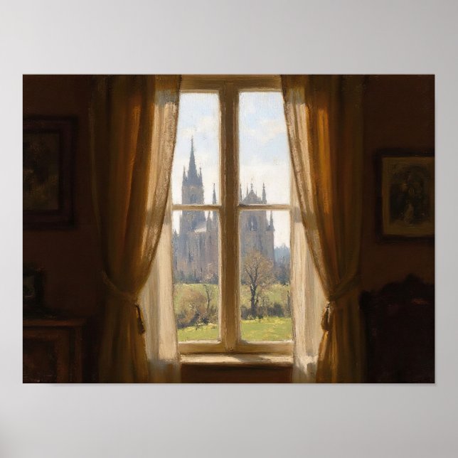 Fönsterutsikt Katedral Impressionistisk Oljemålnin Poster (Framsidan)