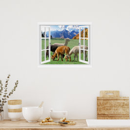 Fönsterutsikt med berg och alpaca poster