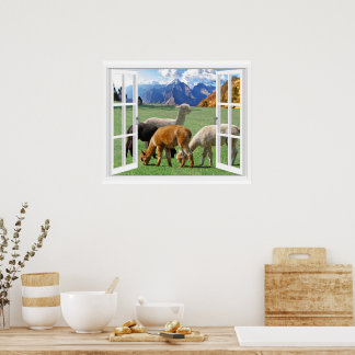Fönsterutsikt med berg och alpaca poster