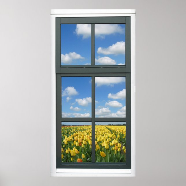 Fönstervy för gult Tulips Blå himmel Vår Poster (Framsidan)