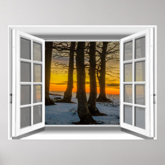 Fönstervy för solnedgång för fotofenbild 3D Poster