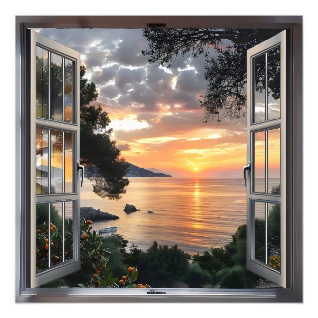 Fönstervy för solnedgång i Ove Bay Fototryck (Framsidan)