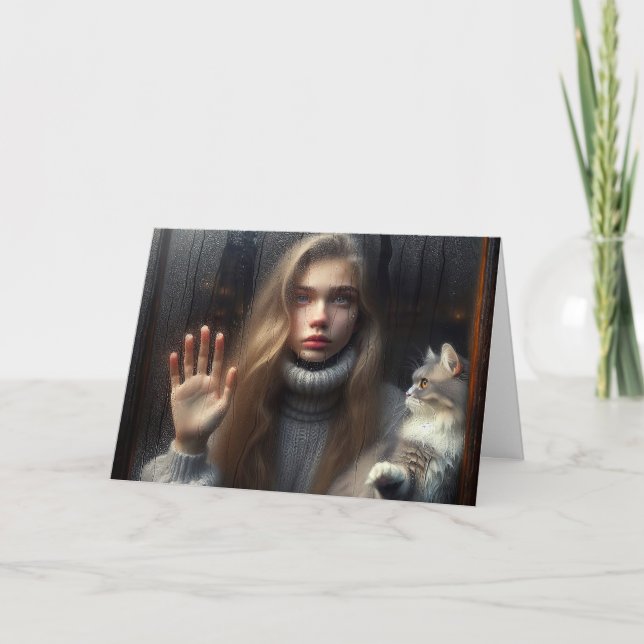 Fönstret Flickor och katt Touching Glass Kort (Framsida)