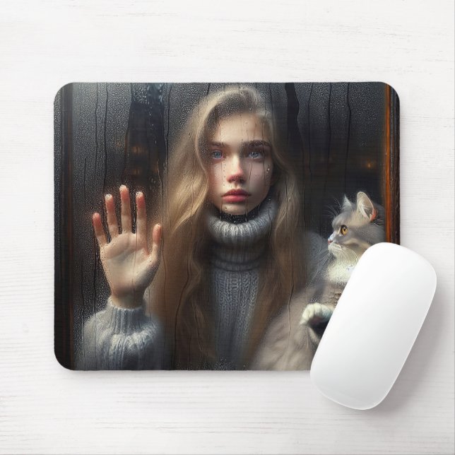 Fönstret Flickor och katt Touching Glass Musmatta (Med mus)