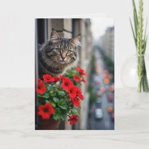 Fönstret Födelseläge Tabby katt vid födelsedagen Kort