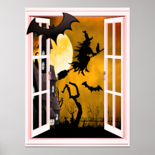 Fönstret för den Halloween häxasilhouetten Poster