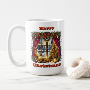 Fönstret helgdag genom glöd kaffemugg