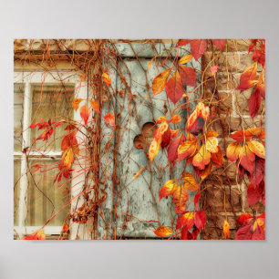 Fönstret Höst löv Red Orange Land Antique (antik) Poster