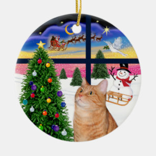 Fönstret julafton - Orangen tabby katt Julgransprydnad Keramik