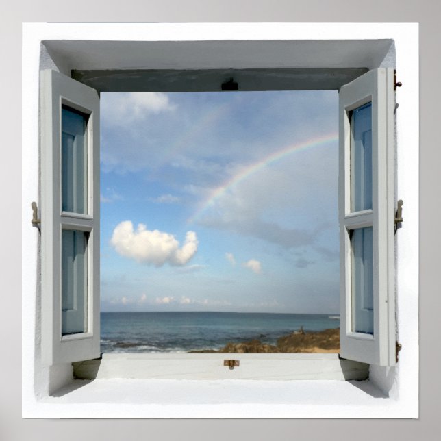 Fönstret Rainbow & Beach Sea View Poster (Framsidan)